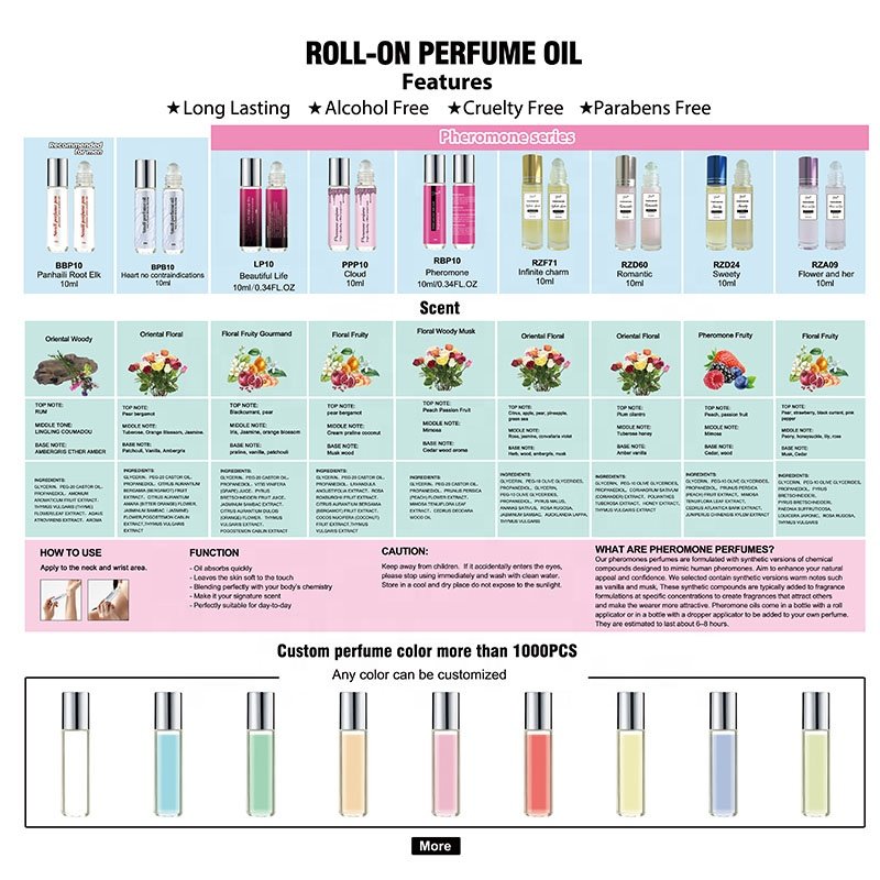 Wholesale Custom Logo 10ml travel size Sweet Floral Fruity Woody Unisex Ball Roller Essential Oil Roll-on Pheromone Perfume