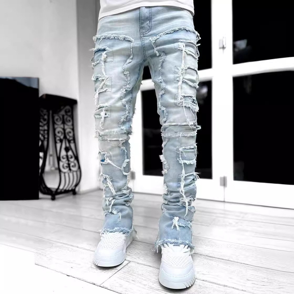 Men's European American Street Fashion Ins Straight Leg Denim Pants Cross-Border New Hip Hop Style Mid Explosive Stretch Pad