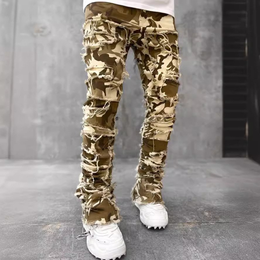 Men's European American Street Fashion Ins Straight Leg Denim Pants Cross-Border New Hip Hop Style Mid Explosive Stretch Pad