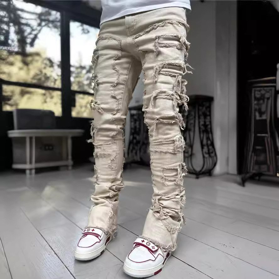 Men's European American Street Fashion Ins Straight Leg Denim Pants Cross-Border New Hip Hop Style Mid Explosive Stretch Pad
