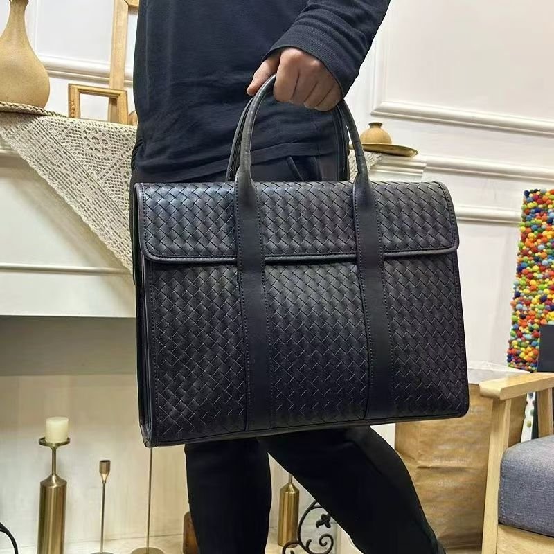 Woven men's handbag Leather men's clamshell briefcase cowhide large capacity Business casual computer man