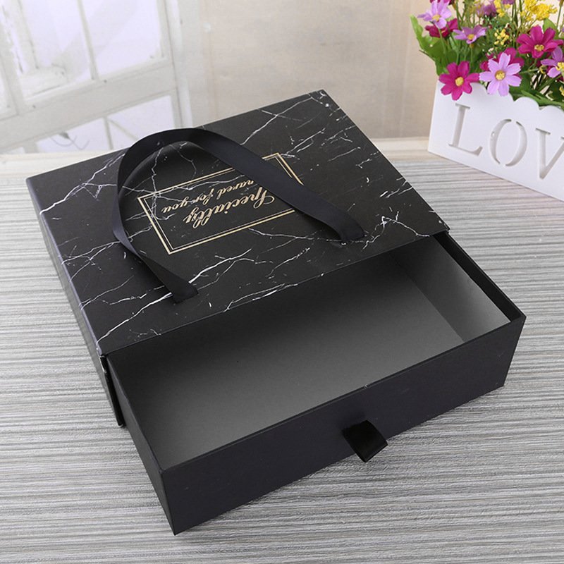 Black Marble Drawer Paper Box Men's Birthday Gift Packaging Boxes With Ribbon