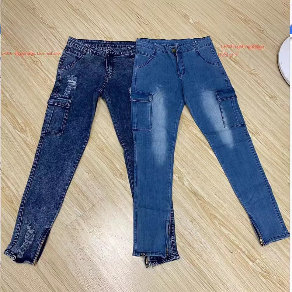 Men's casual jeans, men's knee length zipper pants, small leg pants, European and American fashion jeans