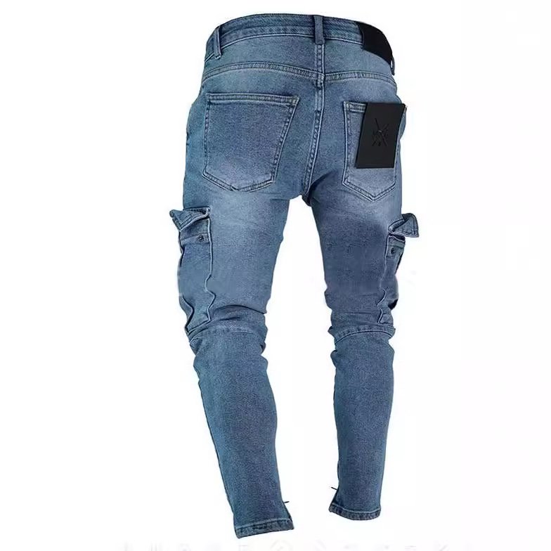 Men's casual jeans, men's knee length zipper pants, small leg pants, European and American fashion jeans