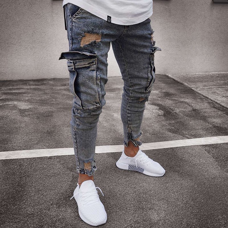 Men's casual jeans, men's knee length zipper pants, small leg pants, European and American fashion jeans