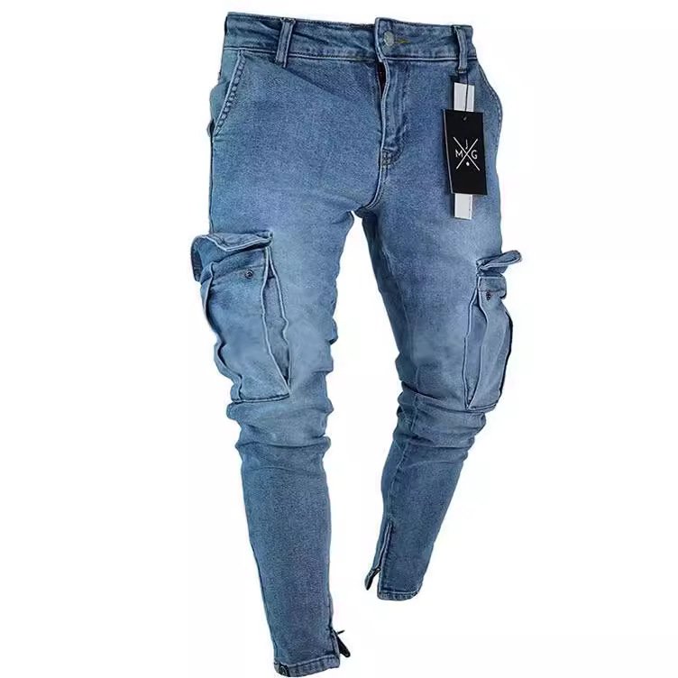 Men's casual jeans, men's knee length zipper pants, small leg pants, European and American fashion jeans
