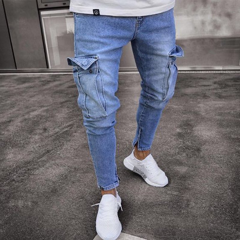 Men's casual jeans, men's knee length zipper pants, small leg pants, European and American fashion jeans