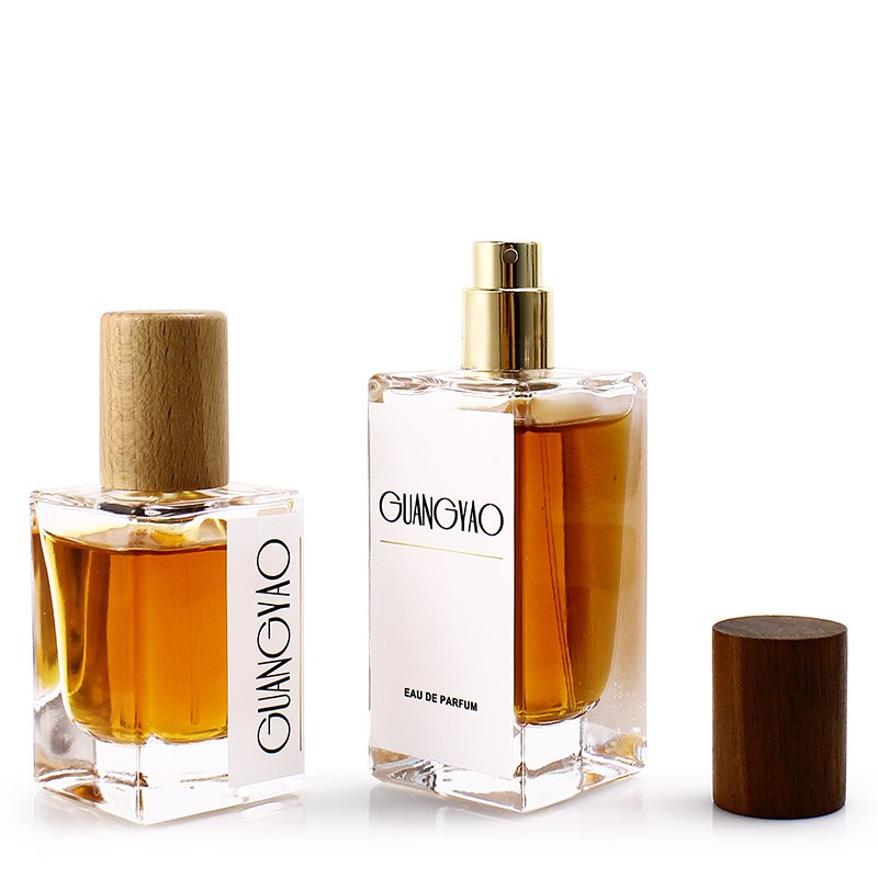 30ml 50ml 100ml rectangular transparent glass spray bottle crimping luxury perfume bottle with wooden cover
