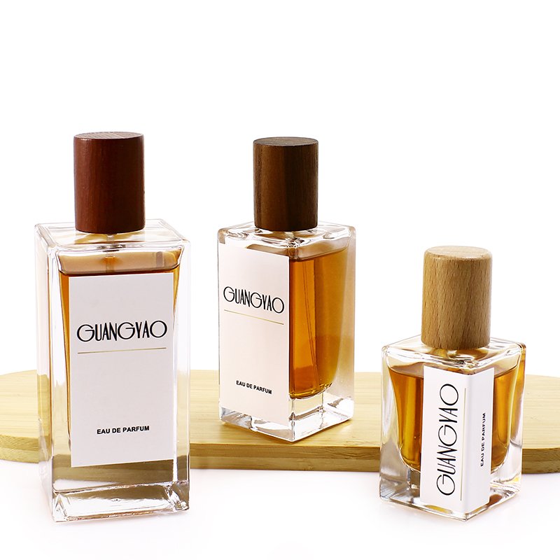 30ml 50ml 100ml rectangular transparent glass spray bottle crimping luxury perfume bottle with wooden cover