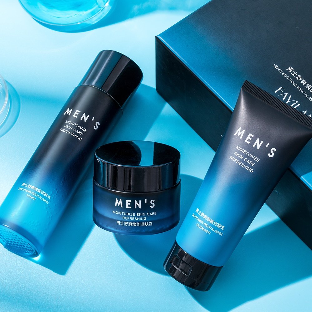 OEM Men's Skin Care Set 3 Pieces Cleansing Gel Toner Moisturizing Cream Rejuvenating Nourishing Skincare Essential Kit for Men