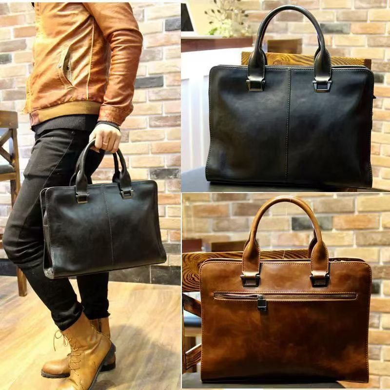 Leather tote Men's travel shoulder crossbody bag Retro Business bag briefcase Computer bag