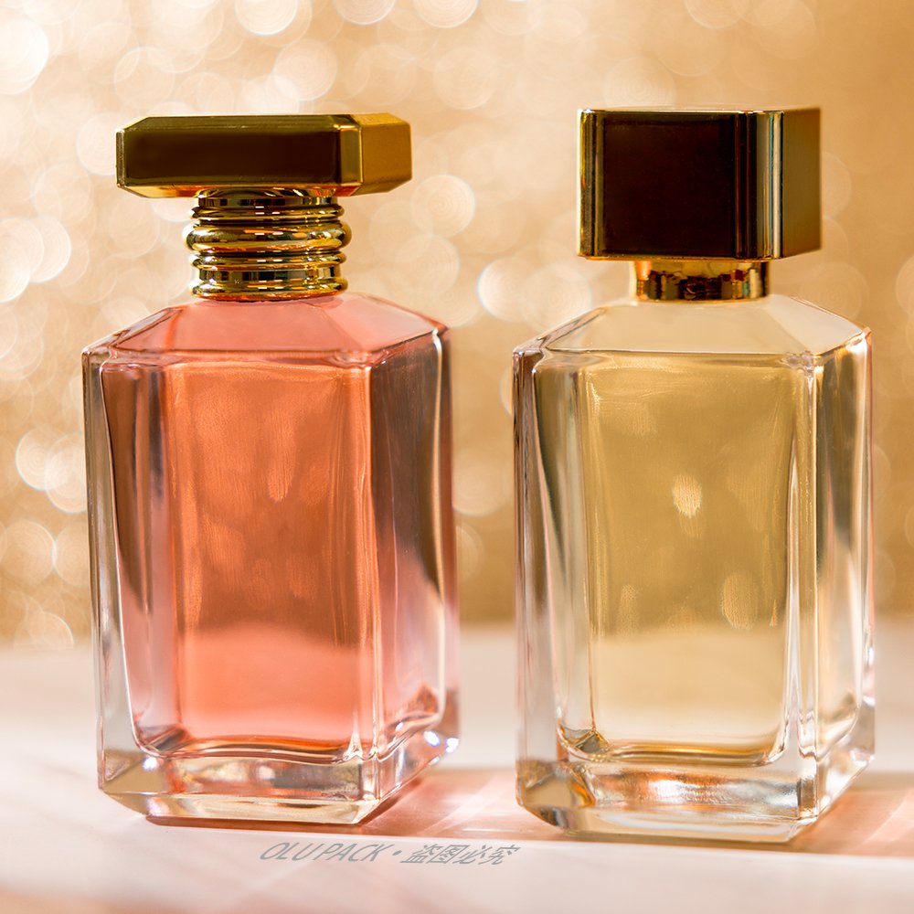 Free Sample 100ml Empty Rectangle Shaped Refillable Men's Cologne French Parfum Glass Spray Pump Bottle with Gold Lid