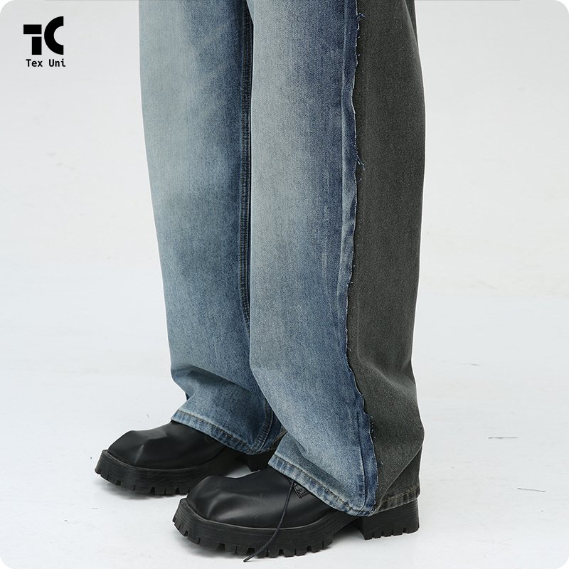 New Arrivals Four Season Avant Garde DeconstructionDesign Retro Loose Straight Leg Blue and Gray Spliced Casual Jeans