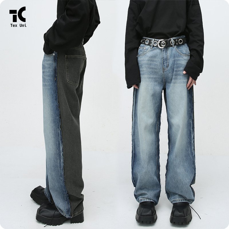 New Arrivals Four Season Avant Garde DeconstructionDesign Retro Loose Straight Leg Blue and Gray Spliced Casual Jeans
