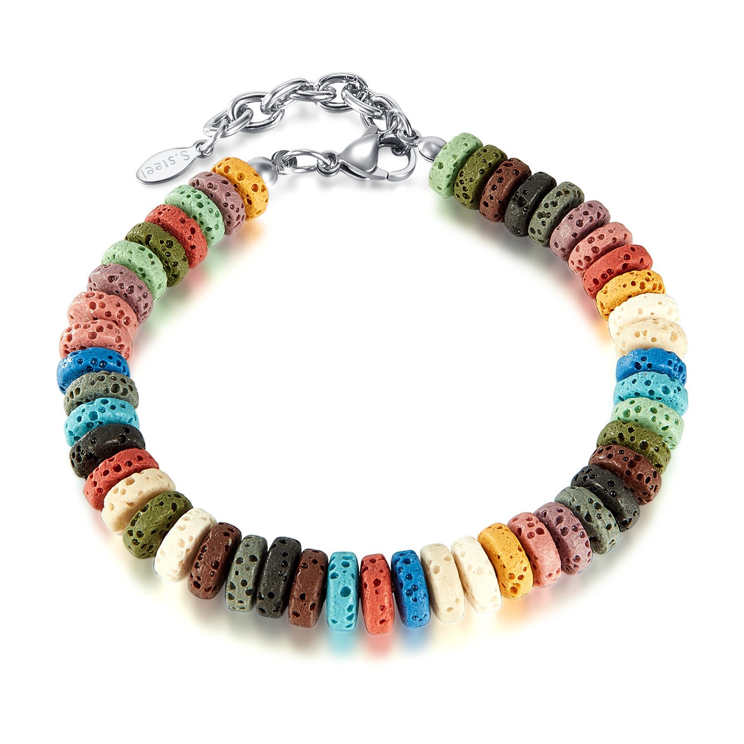 Amiee Men Stainless Steel Chain Unisex Couple Jewelry Colorful Perfume Diffusion Volcanic Lava Stone Beads Bracelet