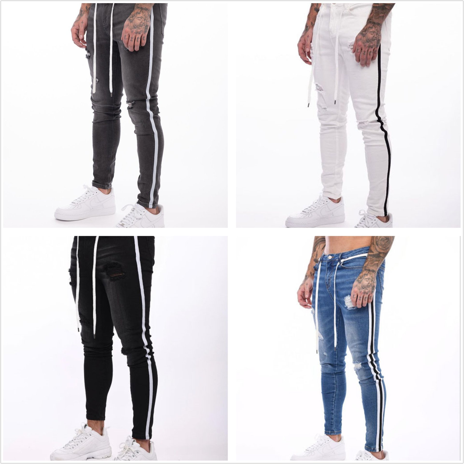 European American Trend Men's Pants Mid Slim-Fit Leggings White Denim Hole-Worn Design New Year's Wish Cross-Border Foreign