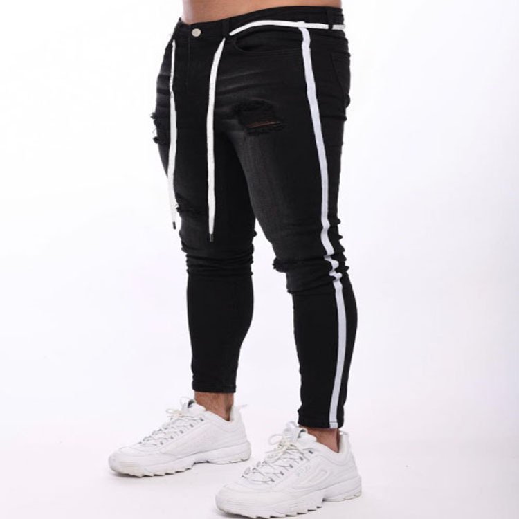 European American Trend Men's Pants Mid Slim-Fit Leggings White Denim Hole-Worn Design New Year's Wish Cross-Border Foreign