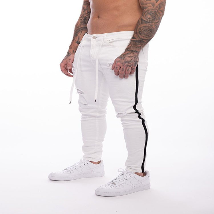 European American Trend Men's Pants Mid Slim-Fit Leggings White Denim Hole-Worn Design New Year's Wish Cross-Border Foreign