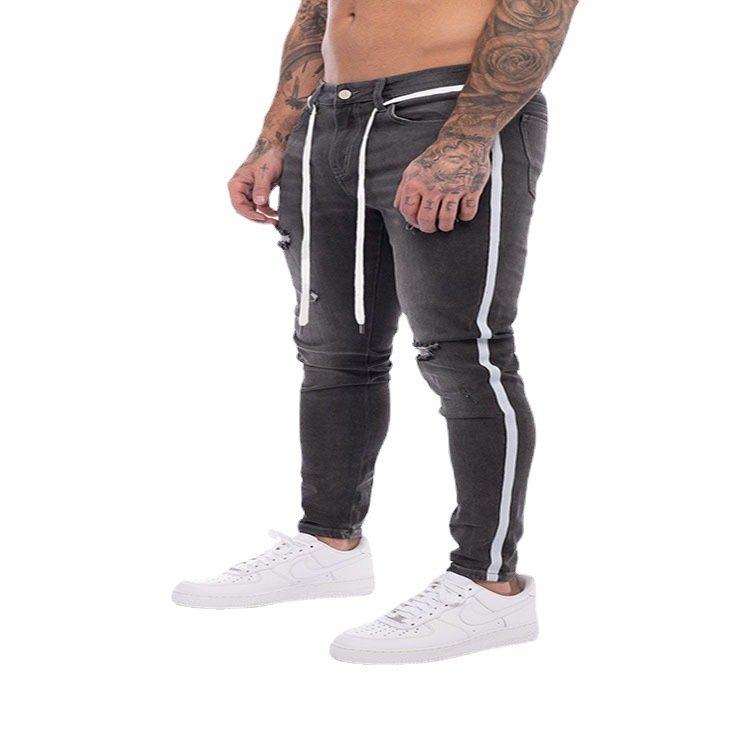 European American Trend Men's Pants Mid Slim-Fit Leggings White Denim Hole-Worn Design New Year's Wish Cross-Border Foreign