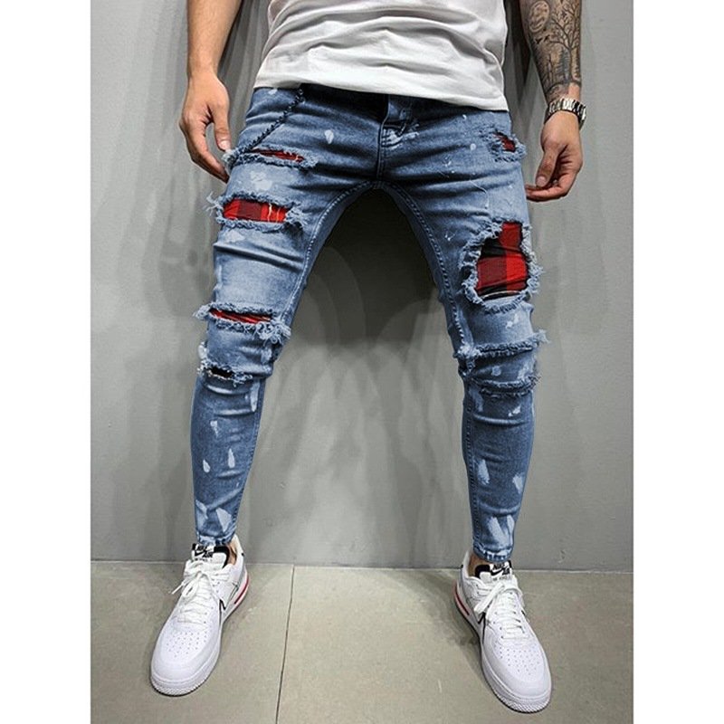 European American New Men's Slim-Fit Ripped Leggings Factory Outlet for Painted Jeans Mid Waist Denim Fabric Summer Style