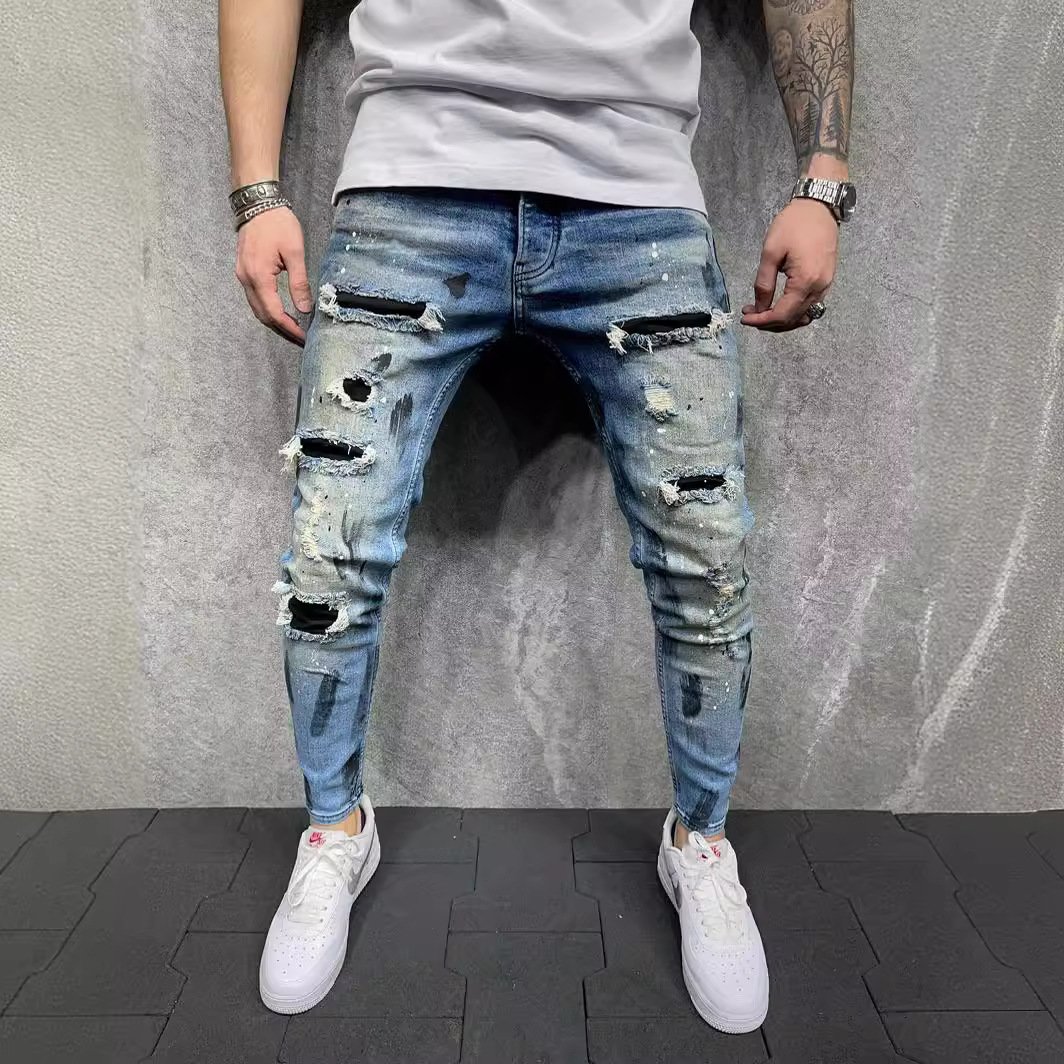 European American New Men's Slim-Fit Ripped Leggings Factory Outlet for Painted Jeans Mid Waist Denim Fabric Summer Style