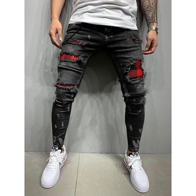 European American New Men's Slim-Fit Ripped Leggings Factory Outlet for Painted Jeans Mid Waist Denim Fabric Summer Style