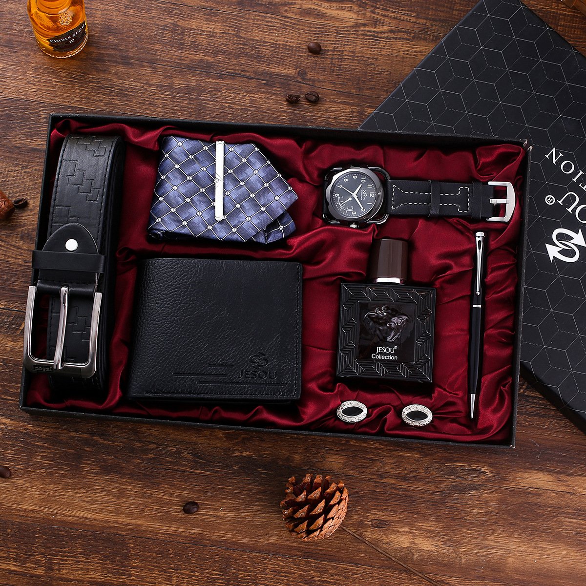 7pcs set boutique gift set belt + wallet + tie + perfume + cufflinks + belt quartz watch + pen Men's Gift Set