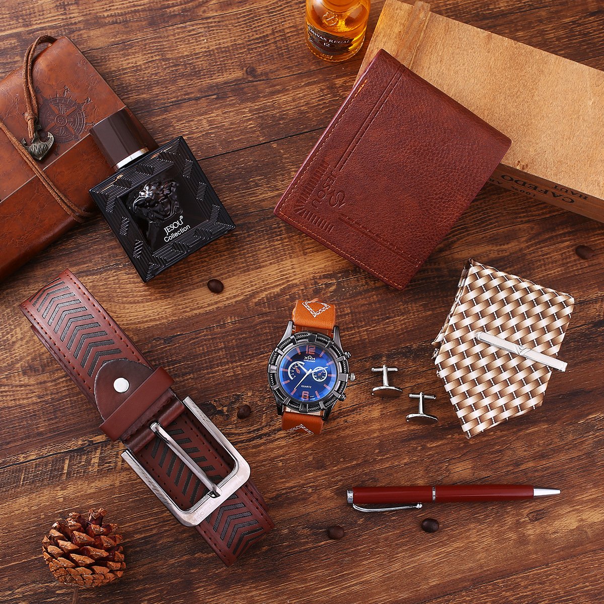 7pcs set boutique gift set belt + wallet + tie + perfume + cufflinks + belt quartz watch + pen Men's Gift Set