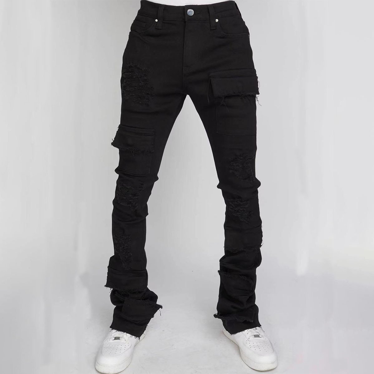 European American Fashion Ins Men's Distressed Denim Pants Straight Leg with Explosive Stretch Hole High Street Style