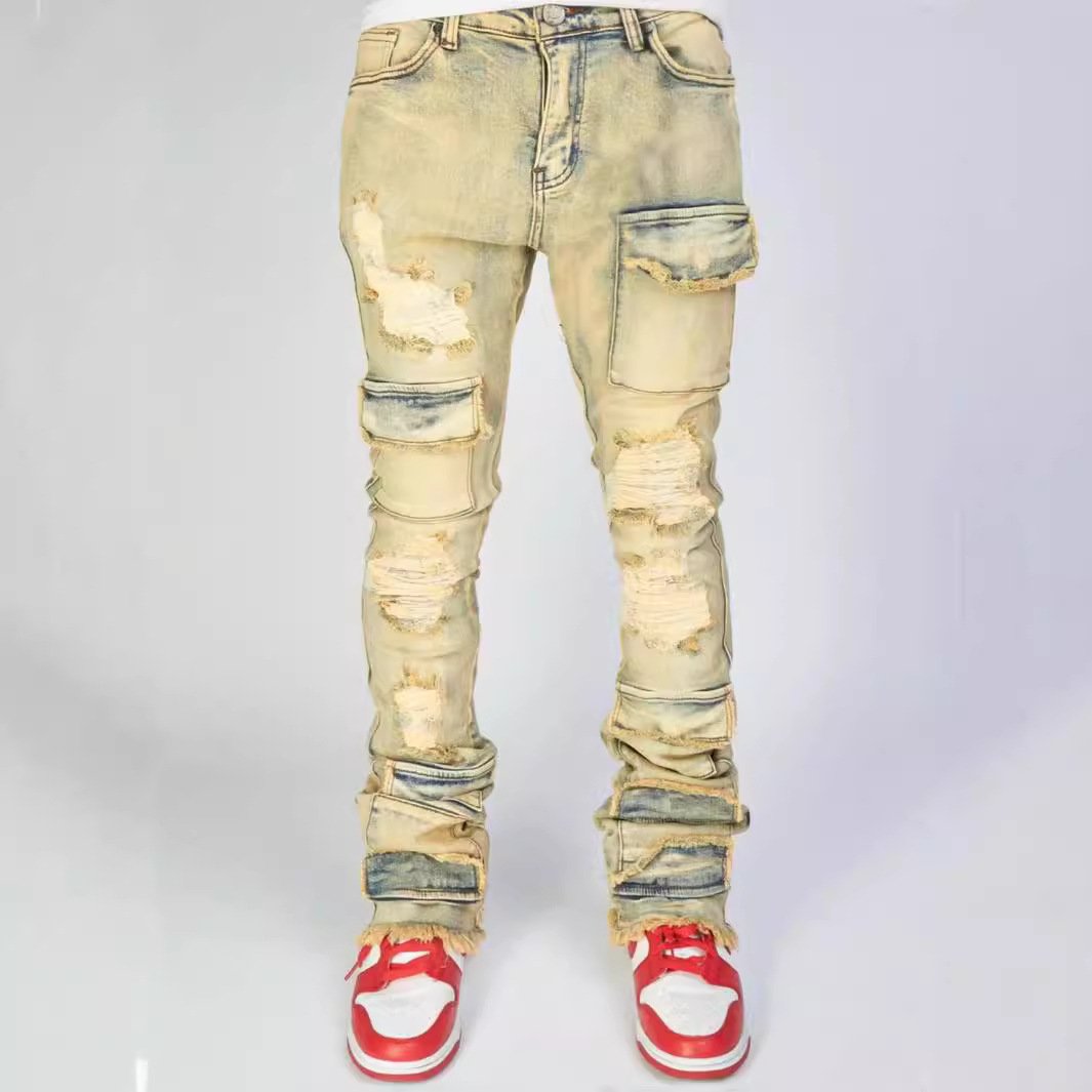 European American Fashion Ins Men's Distressed Denim Pants Straight Leg with Explosive Stretch Hole High Street Style