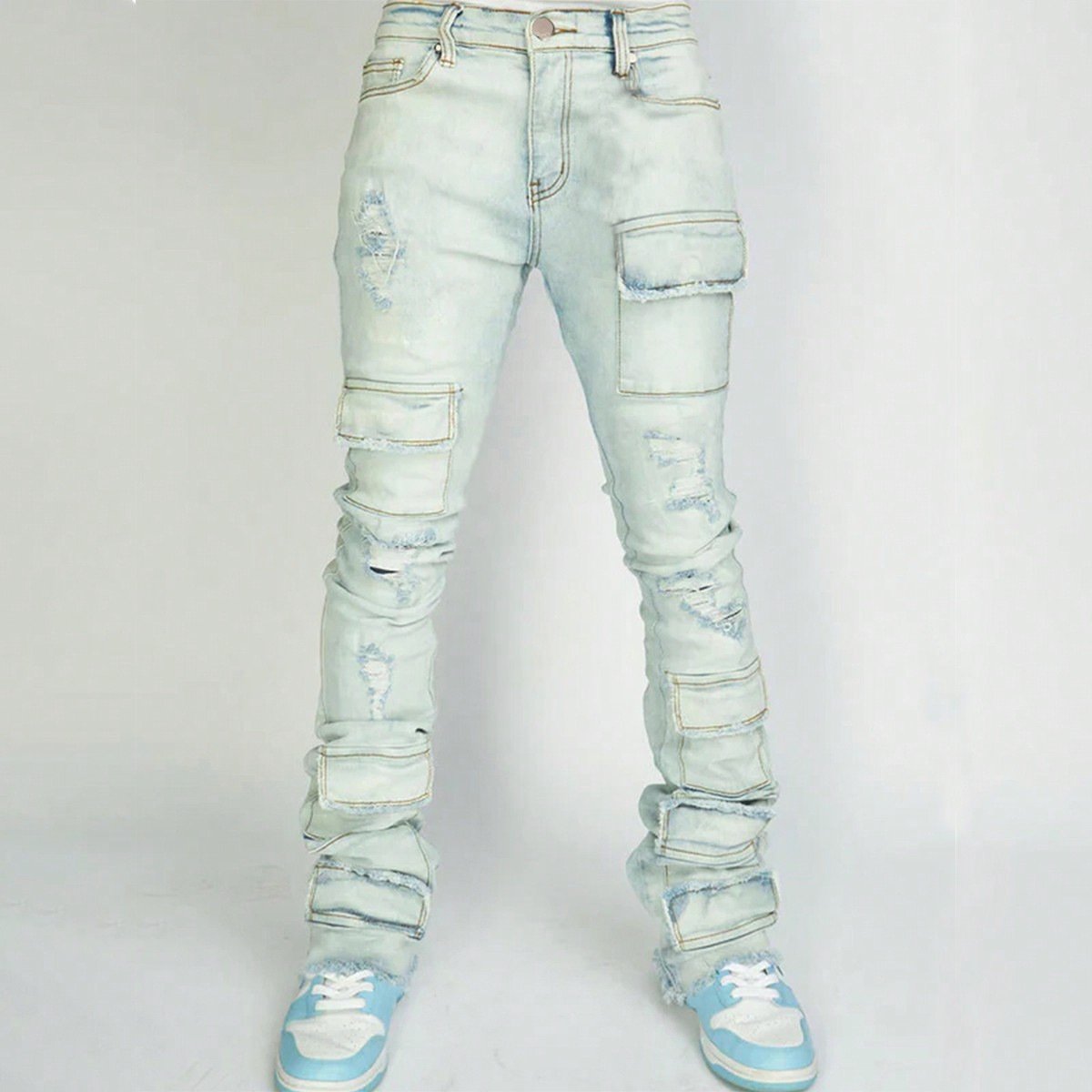 European American Fashion Ins Men's Distressed Denim Pants Straight Leg with Explosive Stretch Hole High Street Style