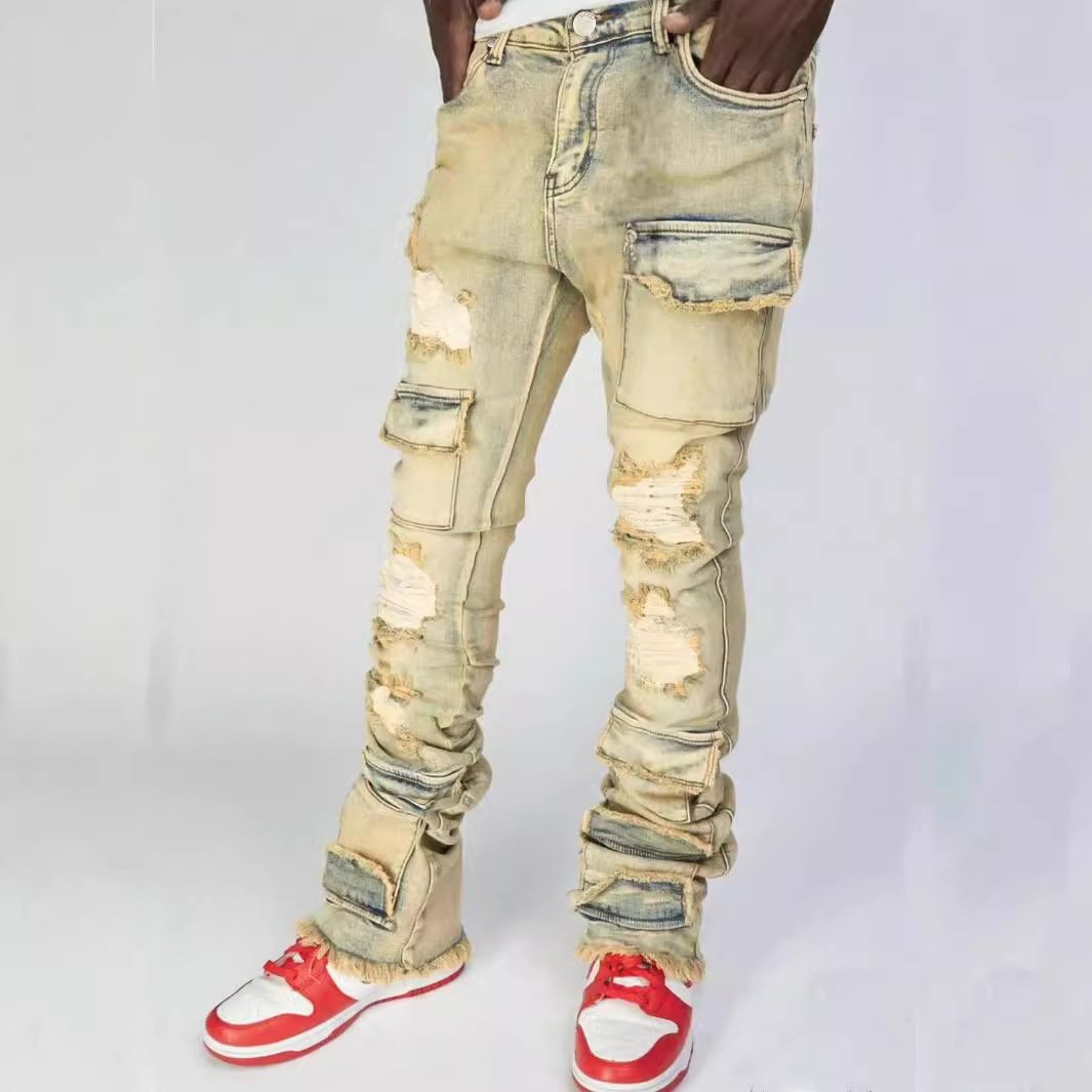 European American Fashion Ins Men's Distressed Denim Pants Straight Leg with Explosive Stretch Hole High Street Style