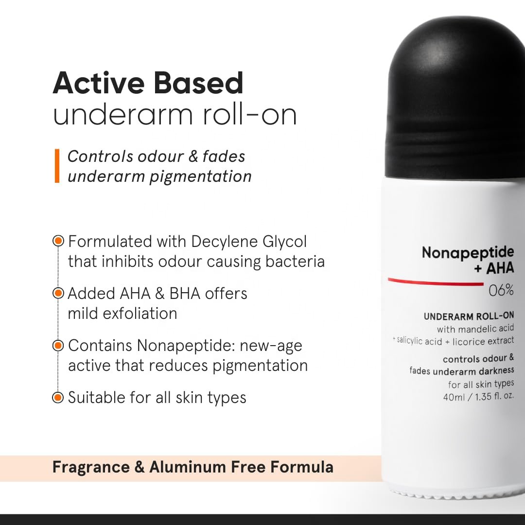 AHA BHA 6% Underarm Roll On Deodorant to Control Odour Fade Darkness Fragrance & Aluminium Free Exfoliating Deodorant