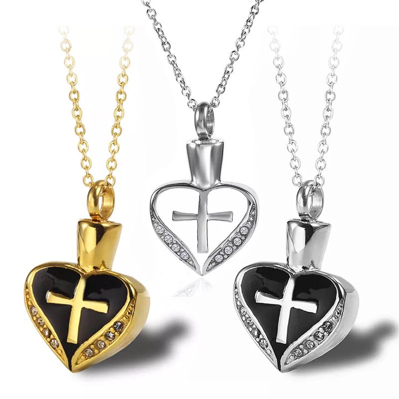 Europe United States Men's Women's Titanium Steel Heart-Shaped Diamond Cross Pendant Hot Commemorative Urn Pets Coffin