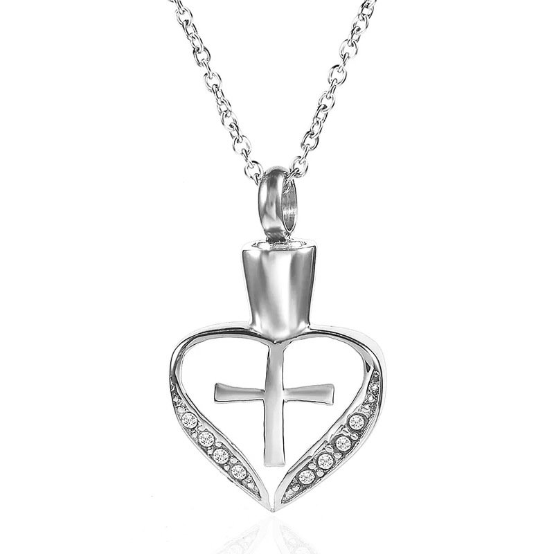 Europe United States Men's Women's Titanium Steel Heart-Shaped Diamond Cross Pendant Hot Commemorative Urn Pets Coffin