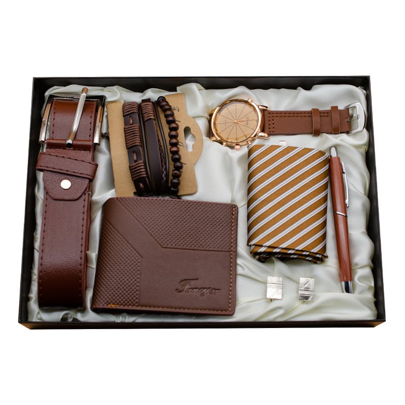 7pcs Wallet/Perfume/Quartz Watch/Leather Belt/cuff-link/pen valentines day gift Set for men