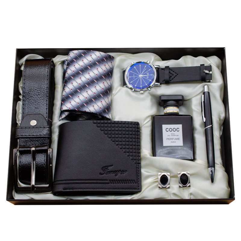 7pcs Wallet/Perfume/Quartz Watch/Leather Belt/cuff-link/pen valentines day gift Set for men