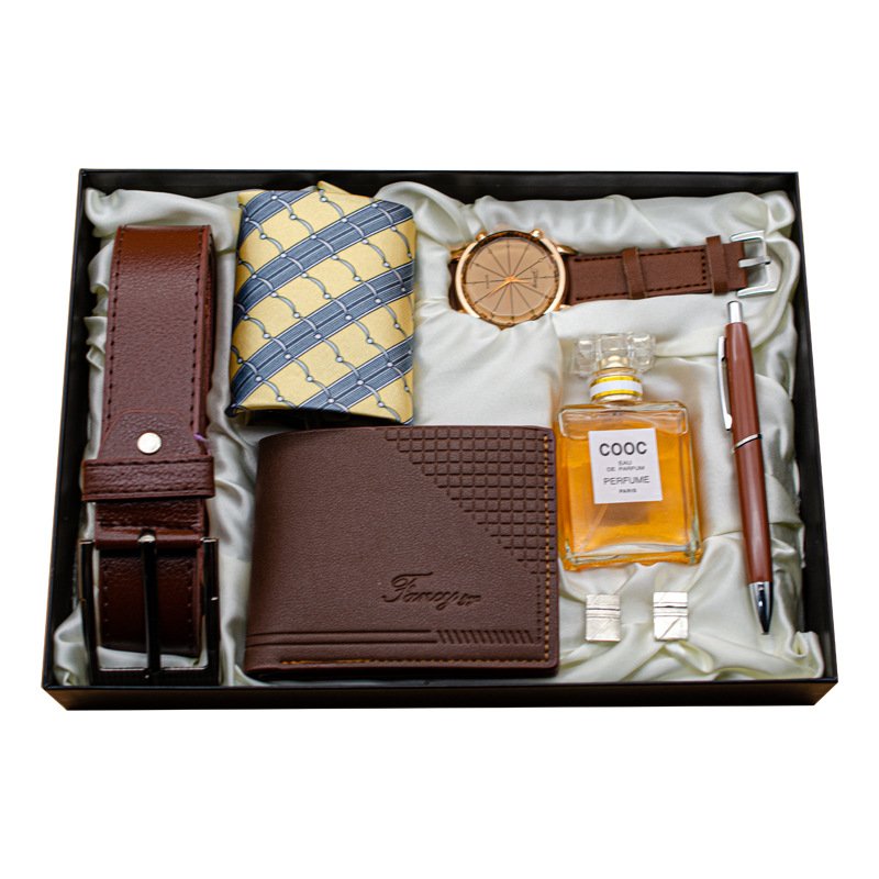7pcs Wallet/Perfume/Quartz Watch/Leather Belt/cuff-link/pen valentines day gift Set for men