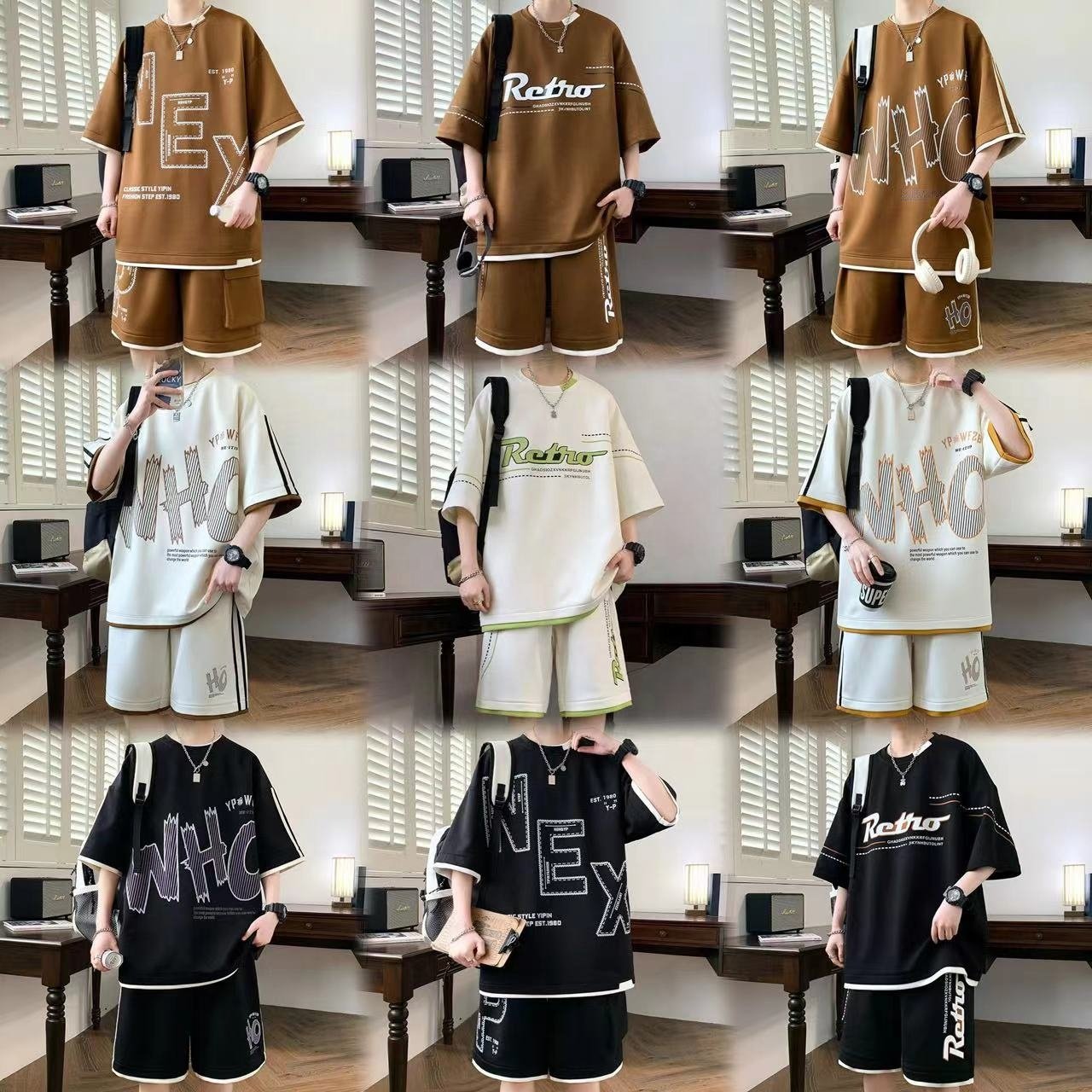 Wholesale cycling shorts and T-shirts crewneck jogger undershirts French Terry cotton short sleeved men's shorts tracksuit sets