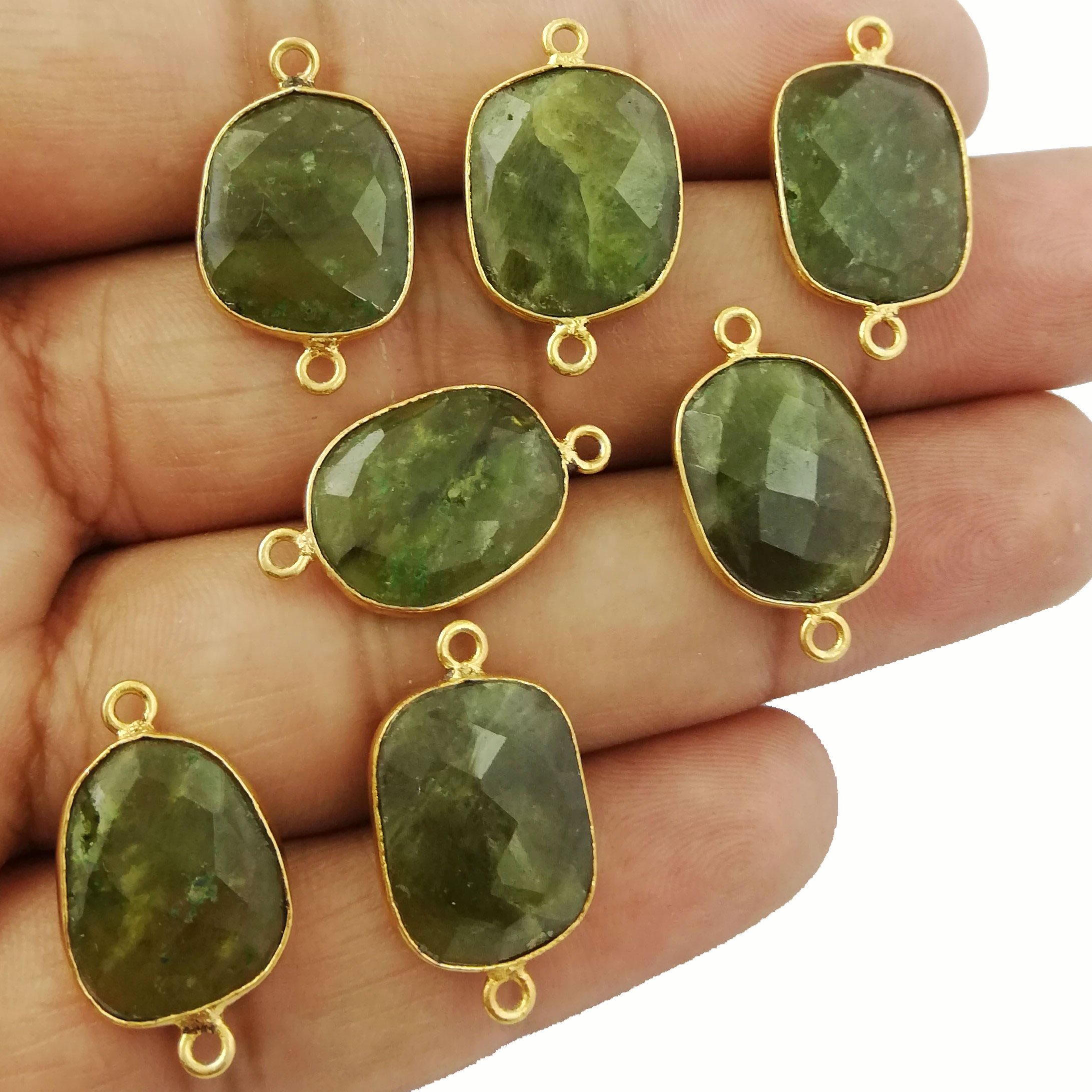 Green Vessonite Gemstone Gold Plated Bezel Set Connectors - Free Form Size, 2 Loop Connector - Bracelet Making Charms