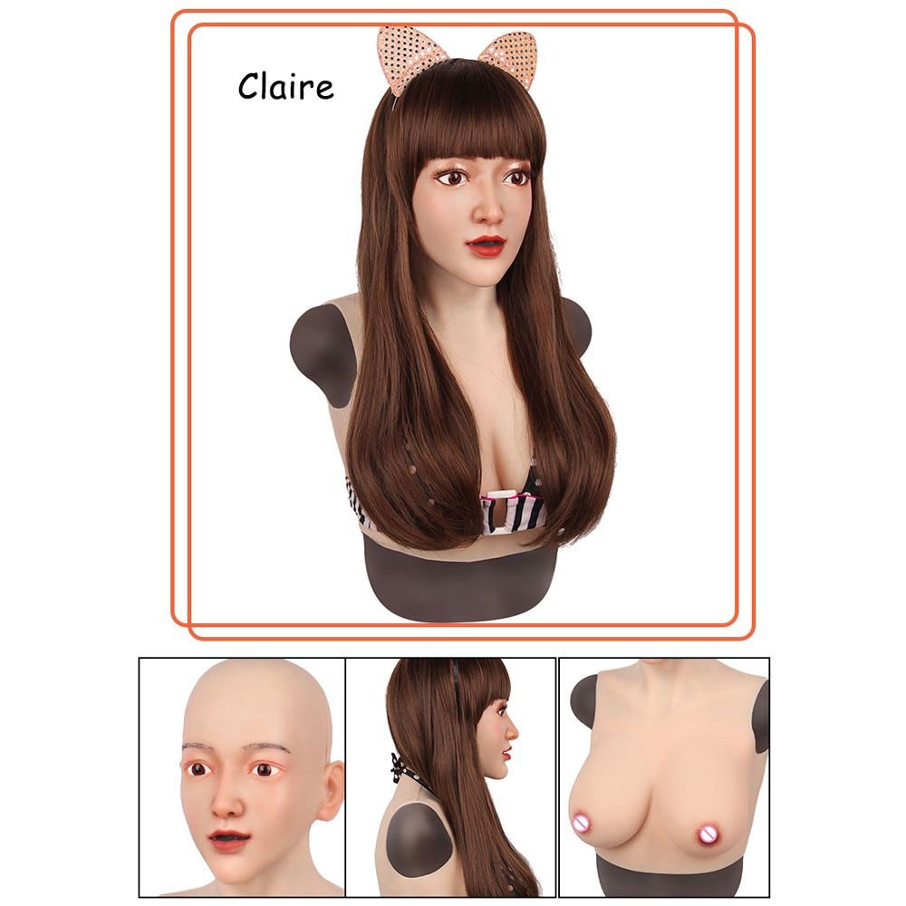 URCHOICE Huge breast form E cup cotton silicone female head mask with chest for crossdresser cosplayer transgender transvestite