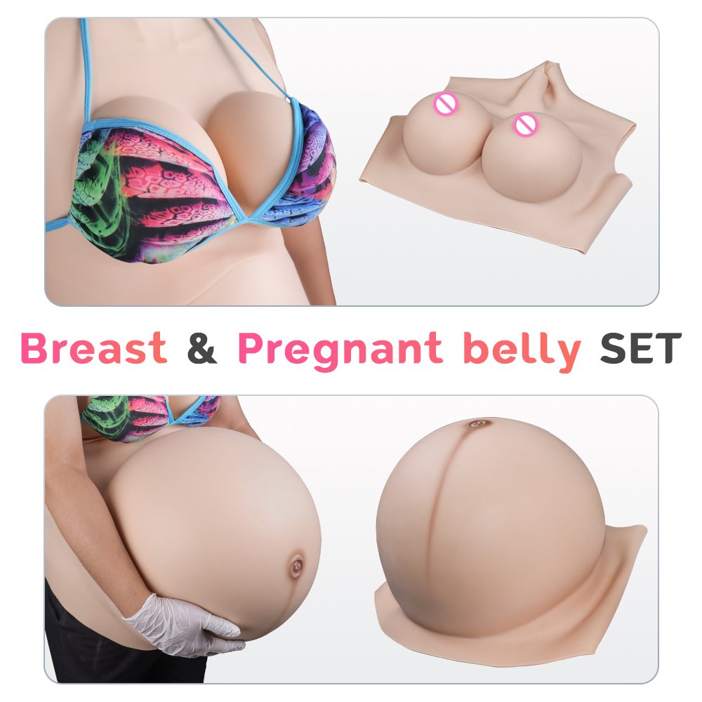 Inflatable Big Fake G cup Female Boobs With Twins 8 To 10 Month Fake Pregnant Belly Silicone Combo Set For Cosplay Clothing