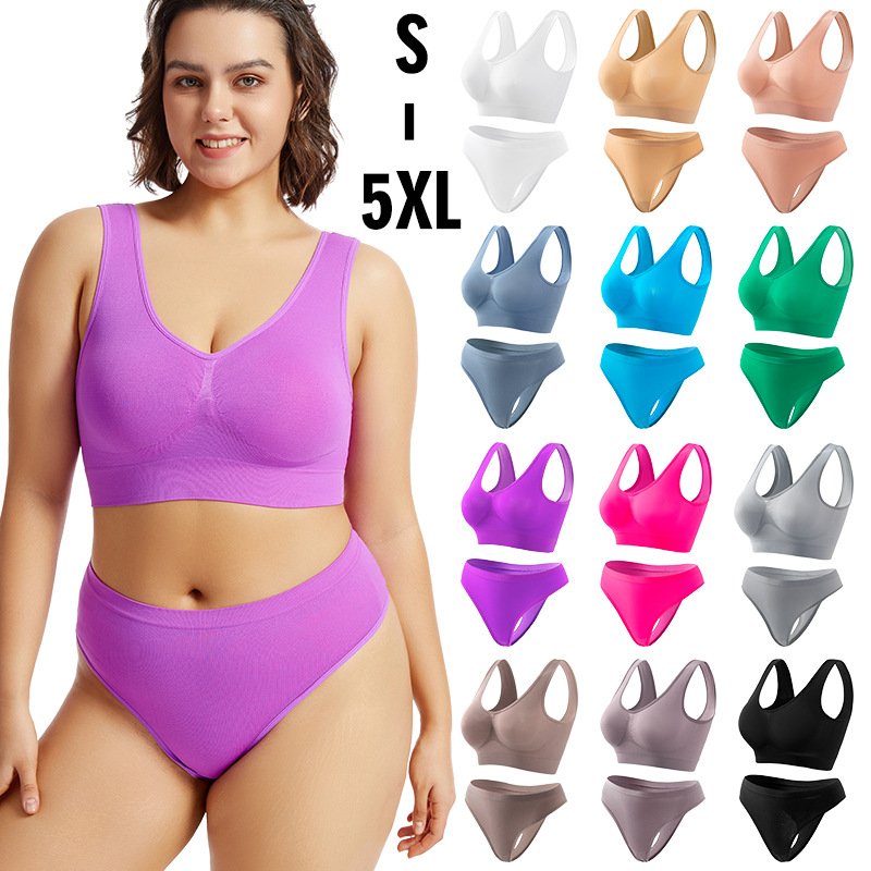 China factory plus size wireless seamless sports bra set colors sexy hot selling big breast supporting seamless bra and thong