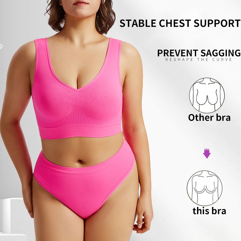 China factory plus size wireless seamless sports bra set colors sexy hot selling big breast supporting seamless bra and thong