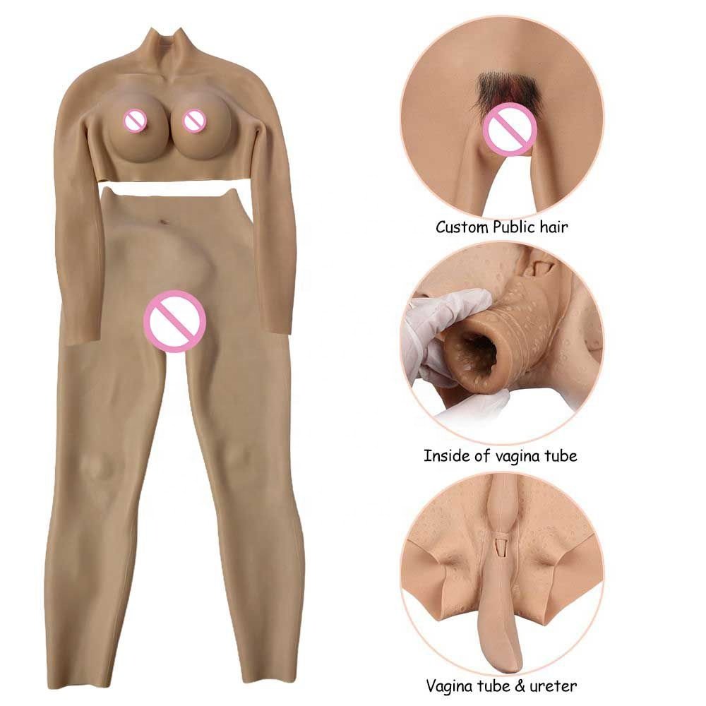 Men to women Realistic Crossdresser costume suit C D cup fake boobs with vagina pants Artificial silicone bodysuit