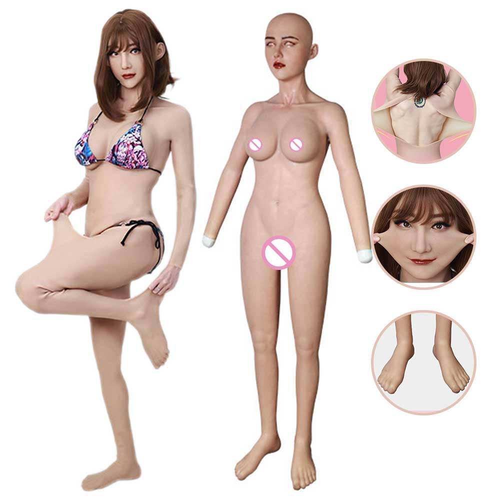 Realistic Silicone Body Suit Women with Head Mask Arms Feet for Crossdresser Sissy Transvestite Breast Form Drag Queen Trans CD