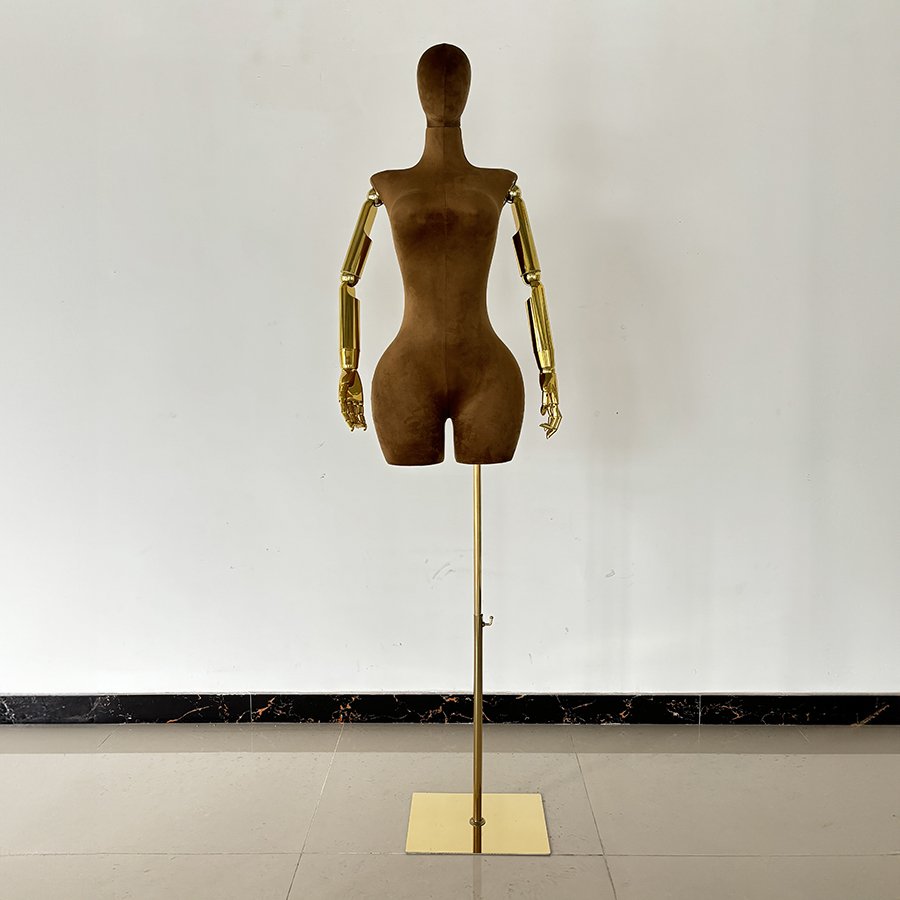 Brown Fiberglass Half Body Bbl Mannequin Curvy Dress Form Manikin Leg Plus Size Mannequin Woman Big Butt Mannequin with Gold Arm