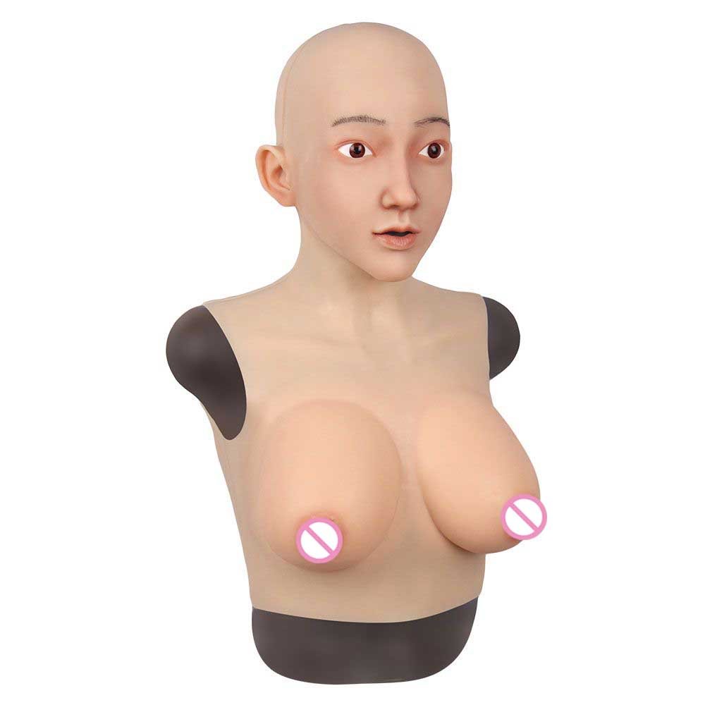 URCHOICE transgender transvestite cosplay crossdresser silicone headwear disguise mask female with C cup fake boobs breast form