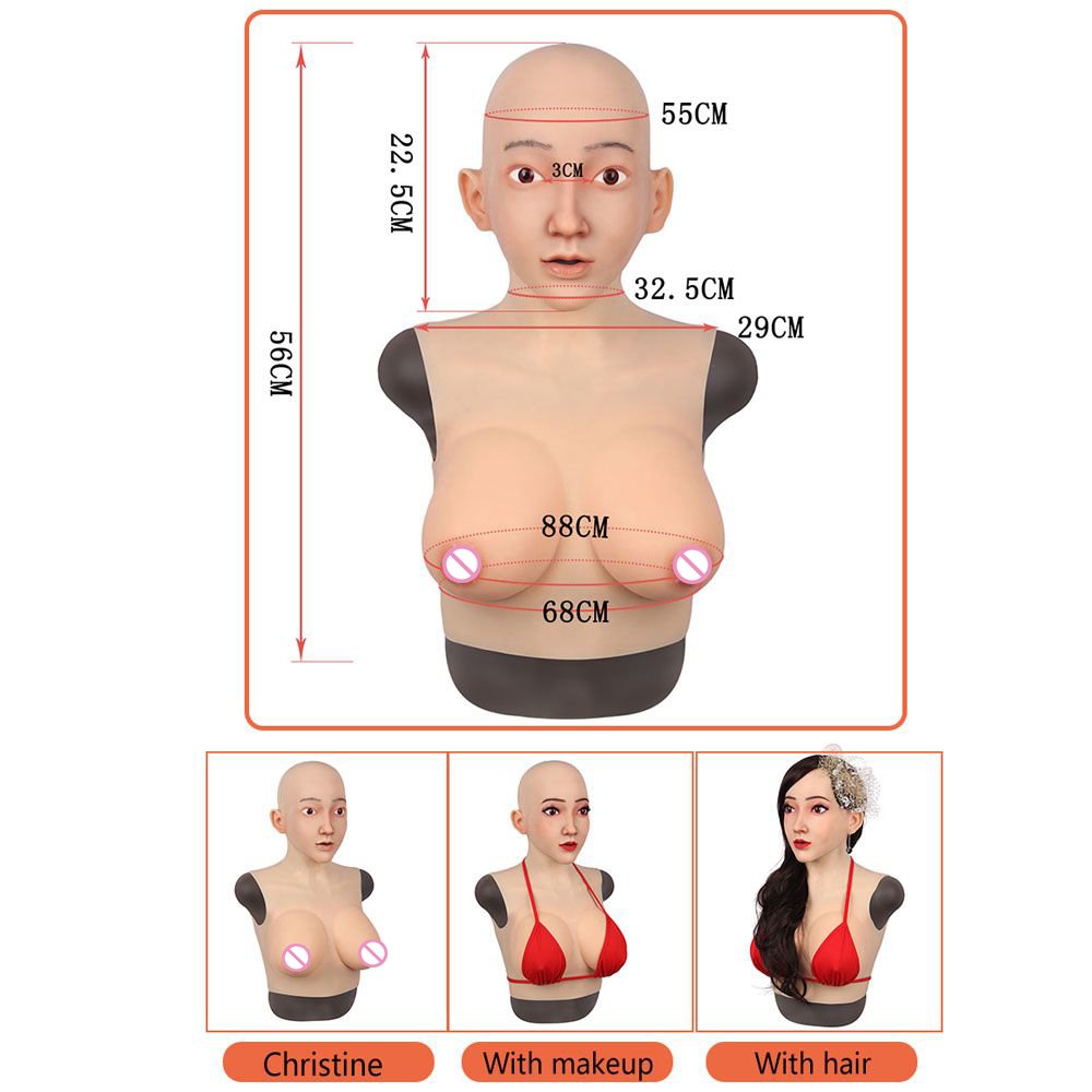 URCHOICE transgender transvestite cosplay crossdresser silicone headwear disguise mask female with C cup fake boobs breast form
