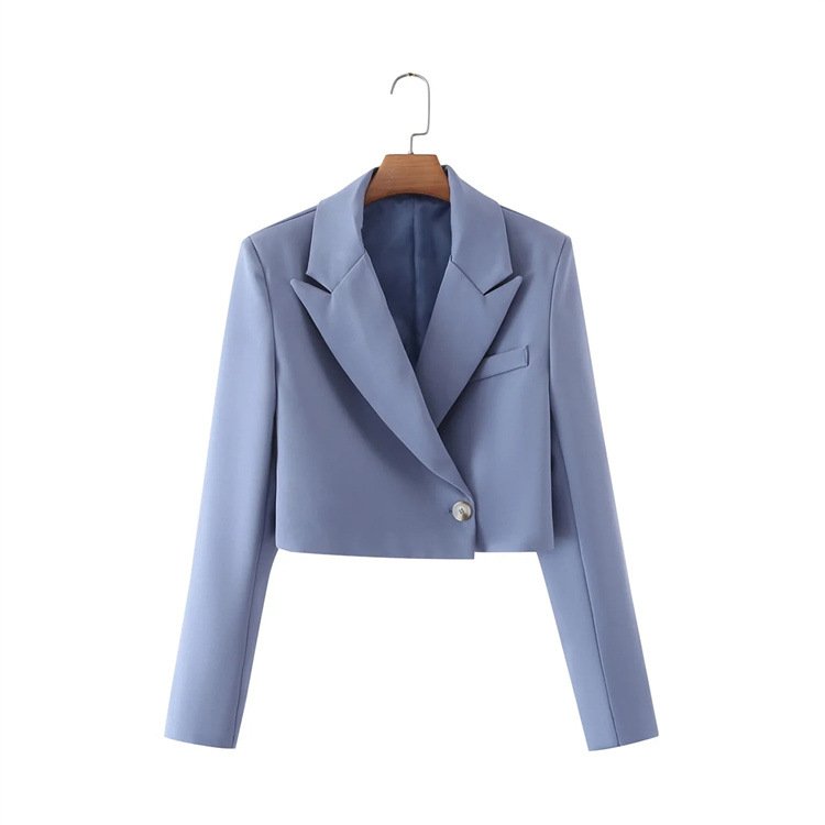 Women Elegant Single Button Jacket Short Blue Ladies Suit